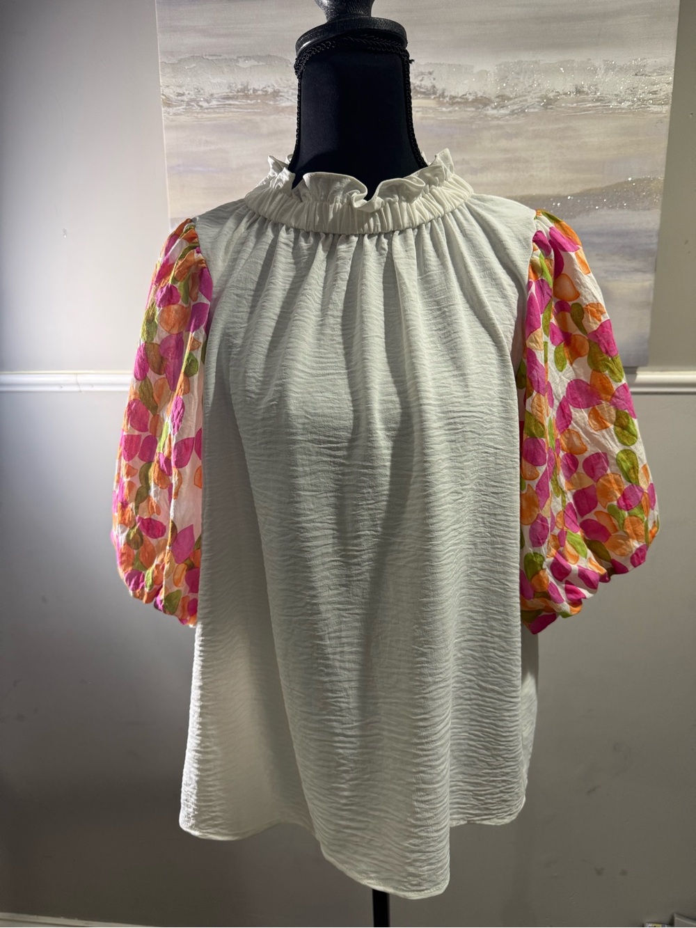 THML White Ruffled Neck Top with Pink, Orange & Green Puff Sleeves